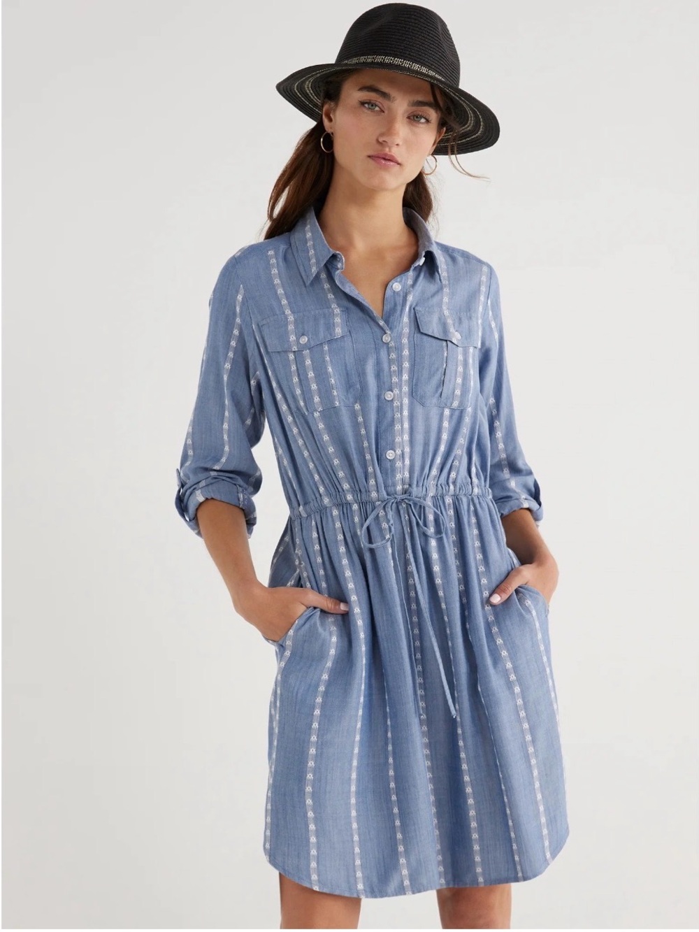 Time and Tru Light Blue Striped Button-Front Shirt Dress